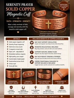 Solid Copper Magnetic Cuff Bracelet with Cross - Copper